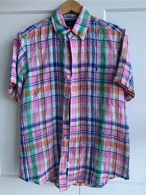 Ralph Lauren 100% Linen Madras Plaid Short-Sleeve Button-Down Shirt Men's L